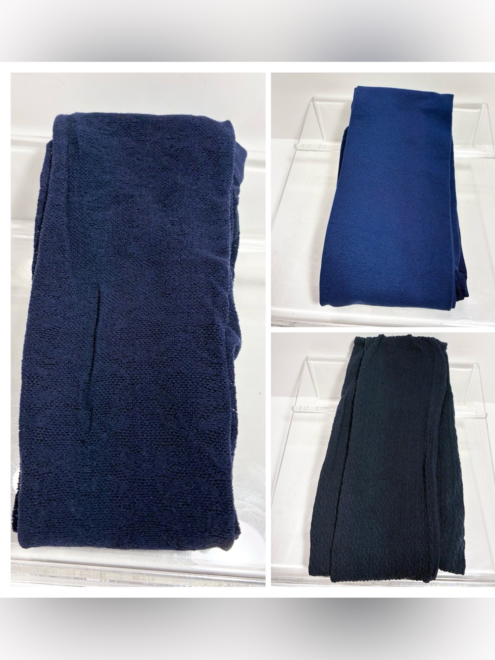 3 Pair Blue Navy Tights Lot: Patterned Textured Control Top Size M/L